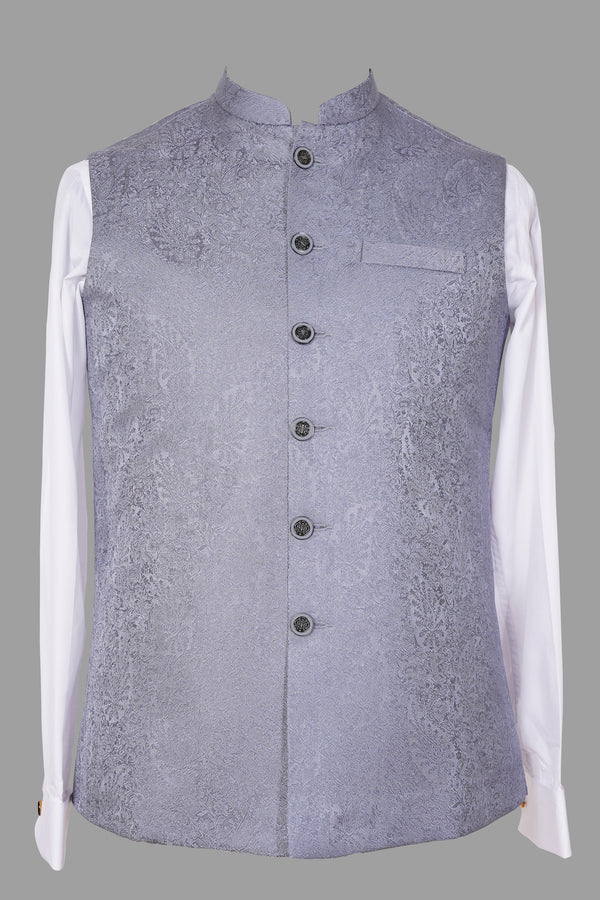 Grey Paisley Brocade Nehru Jacket for Men | Premium Asian Ethnic Waistcoat