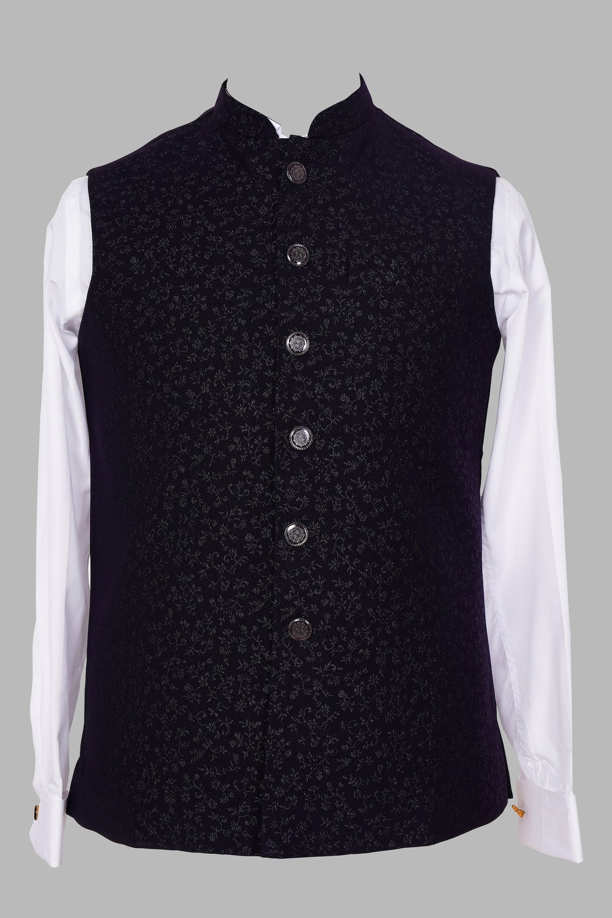 Navy Blue Floral Brocade Nehru Jacket for Men | Premium Asian Ethnic Waistcoat