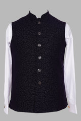 Navy Blue Floral Brocade Nehru Jacket for Men | Premium Asian Ethnic Waistcoat