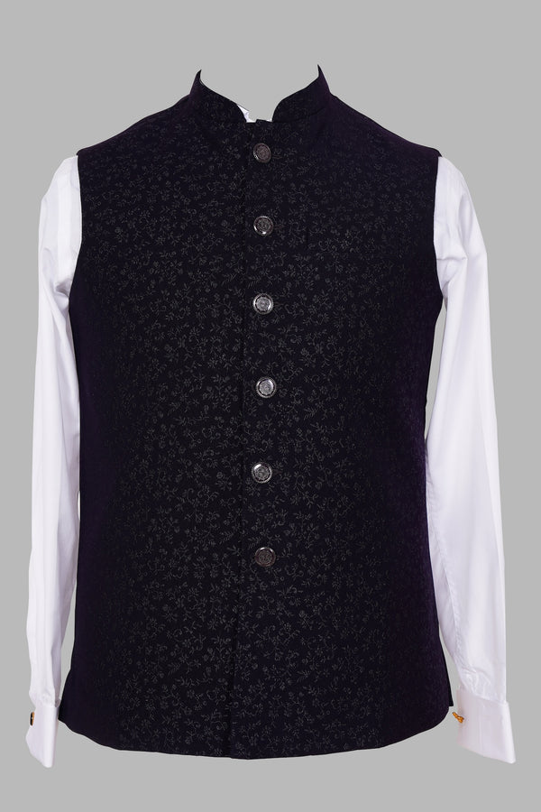 Navy Blue Floral Brocade Nehru Jacket for Men | Premium Asian Ethnic Waistcoat