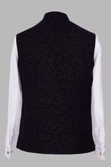 Navy Blue Floral Brocade Nehru Jacket for Men | Premium Asian Ethnic Waistcoat