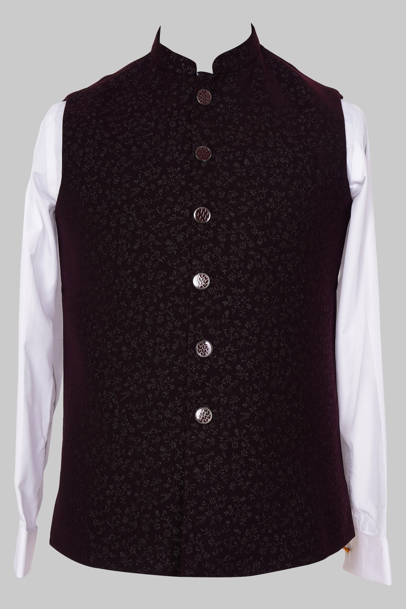 Deep Maroon Velvet Brocade Nehru Jacket for Men | Luxurious Indian Ethnic Waistcoat