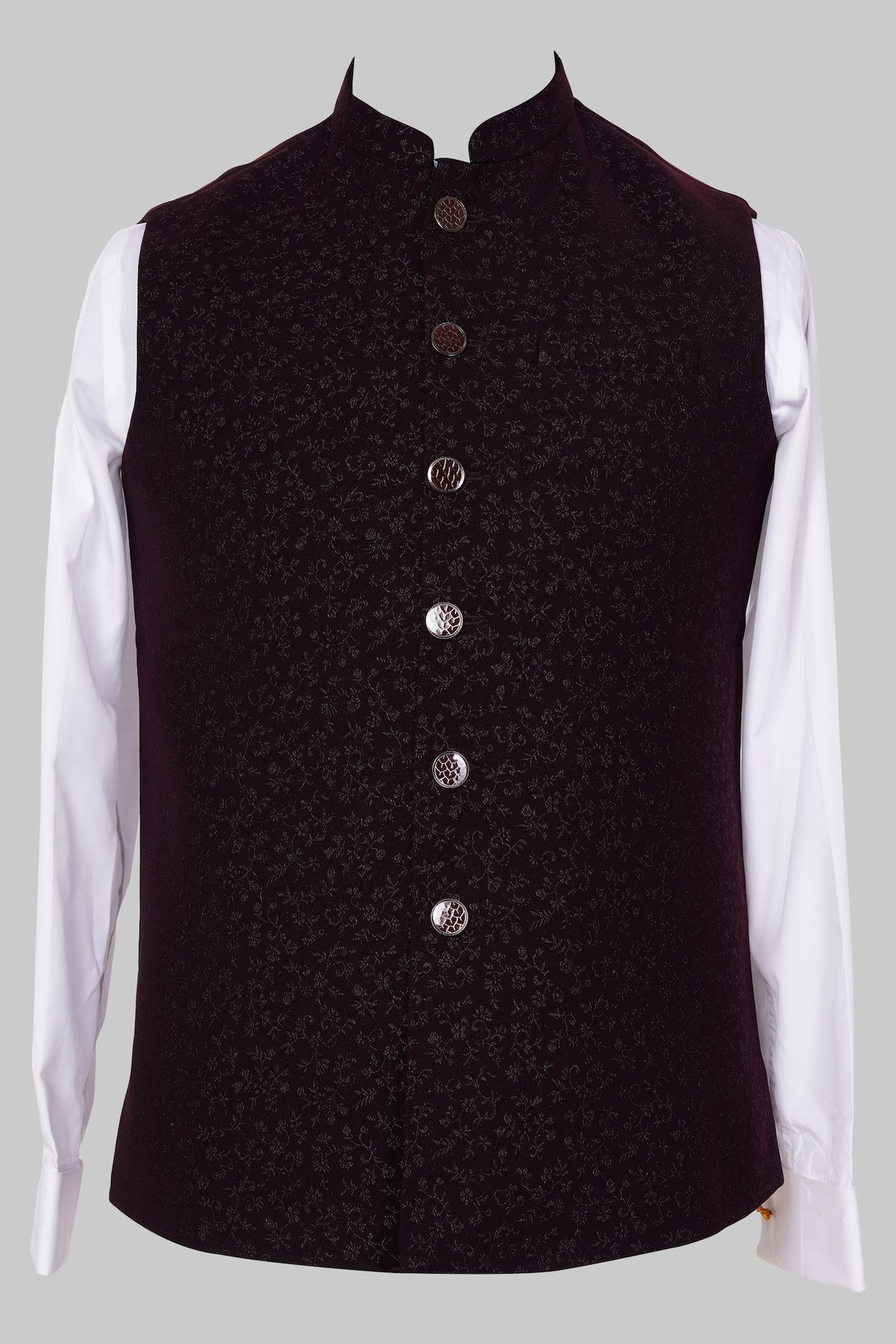 Deep Maroon Velvet Brocade Nehru Jacket for Men | Luxurious Asian Ethnic Waistcoat