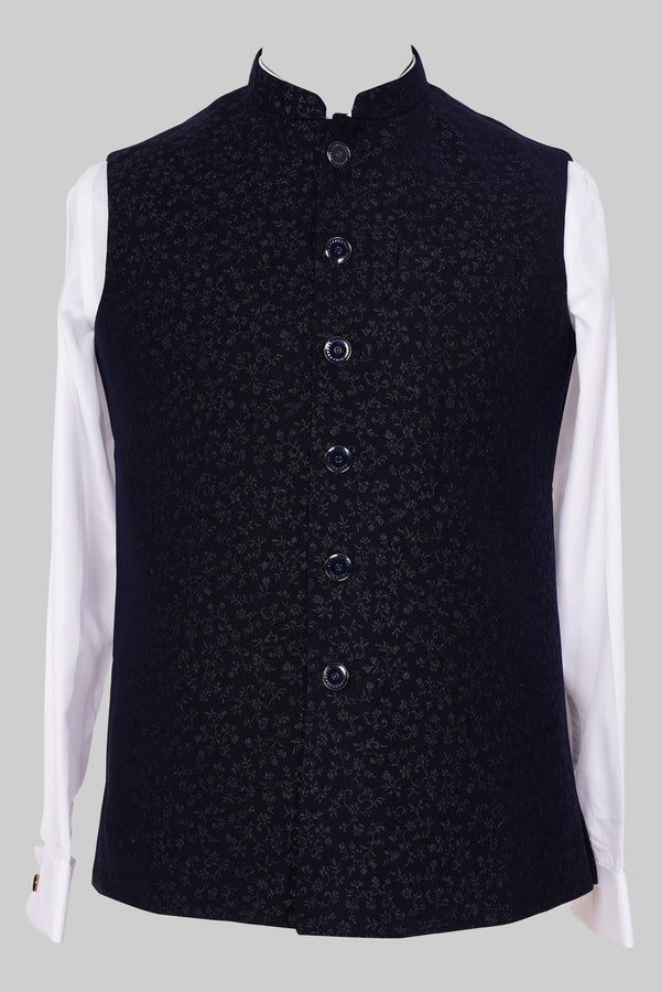 Navy Blue Brocade Nehru Jacket for Men | Premium Asian Ethnic Waistcoat