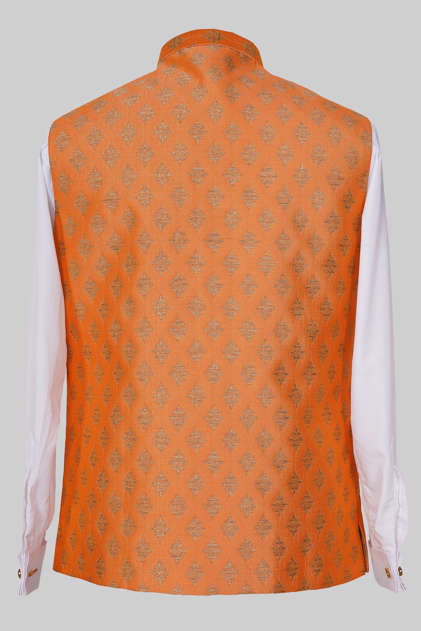 Orange Gold Geometric Brocade Nehru Jacket for Men | Premium Indian Ethnic Waistcoat