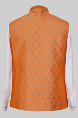 Orange Gold Geometric Brocade Nehru Jacket for Men | Premium Asian Ethnic Waistcoat