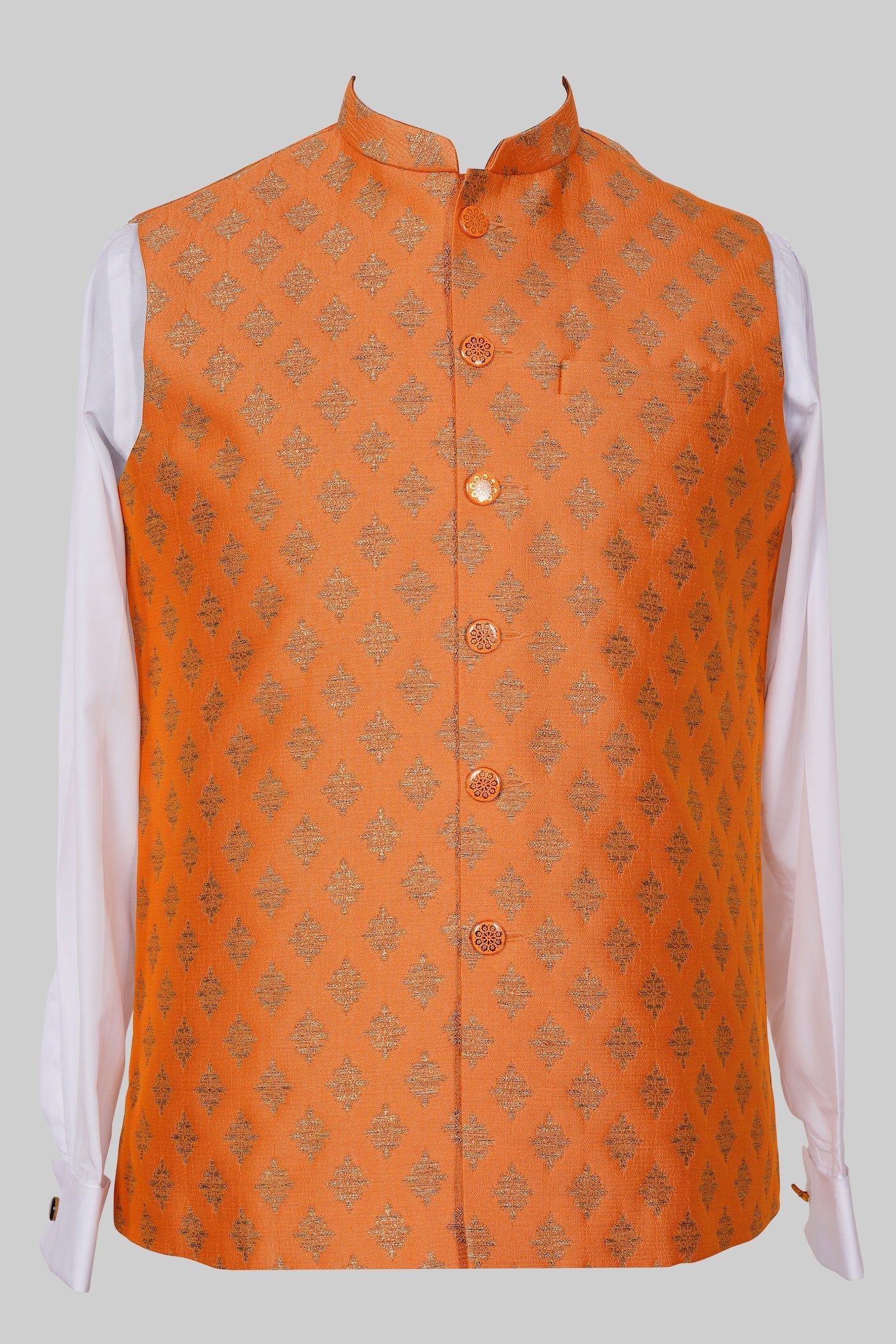 Orange Gold Geometric Brocade Nehru Jacket for Men | Premium Indian Ethnic Waistcoat