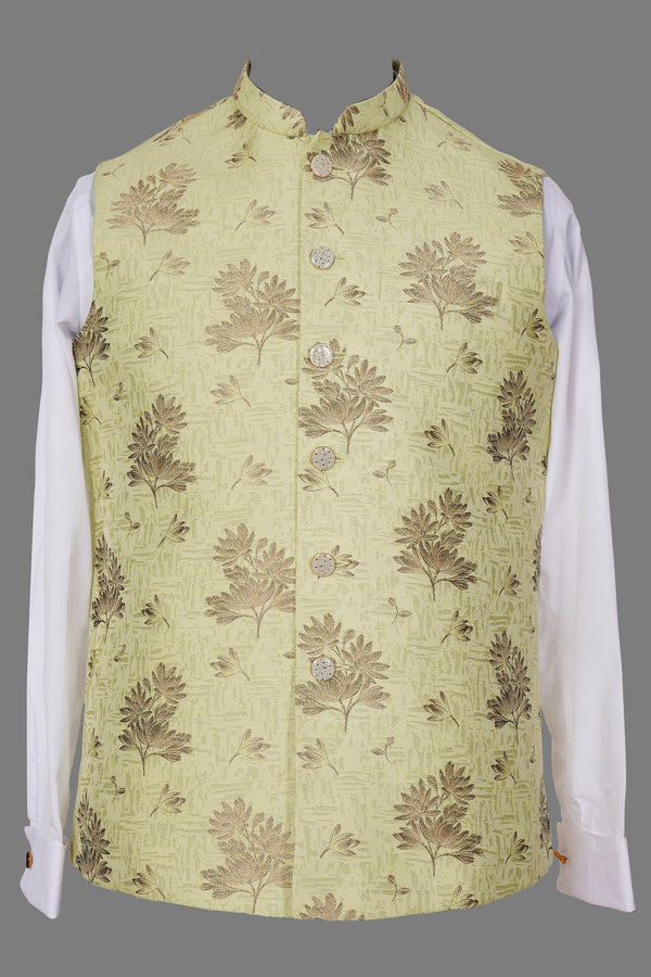 Pistachio Green Floral Brocade Nehru Jacket for Men | Premium Asian Ethnic Waistcoat