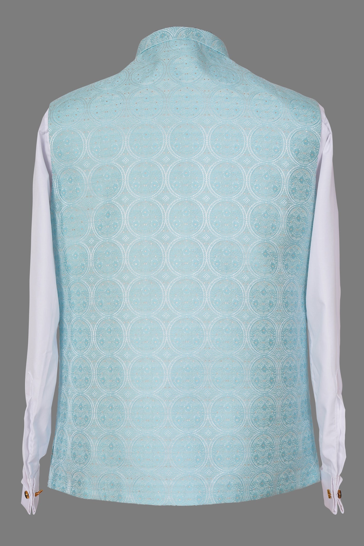 Aqua Blue Circular Brocade Nehru Jacket for Men | Premium Indian Ethnic Waistcoat