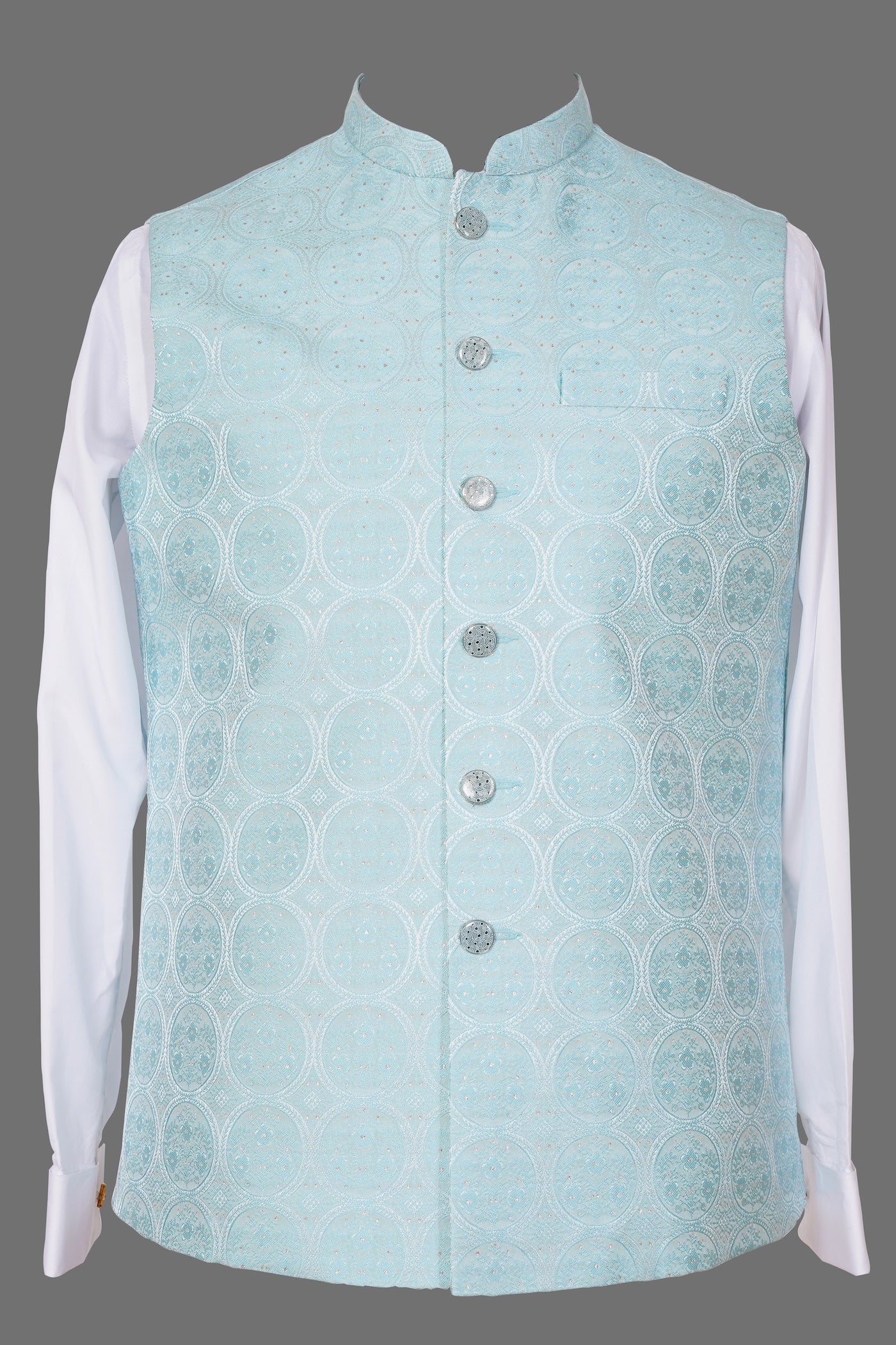 Aqua Blue Circular Brocade Nehru Jacket for Men | Premium Indian Ethnic Waistcoat