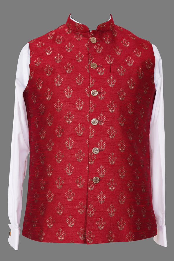 Maroon Red Floral Brocade Nehru Jacket for Men | Premium Asian Ethnic Waistcoat
