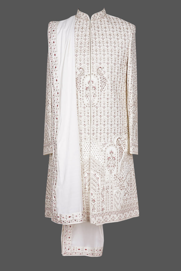 Cream White Embroidered Sherwani with Dupatta for Men | Premium Asian Wedding Ethnic Wear