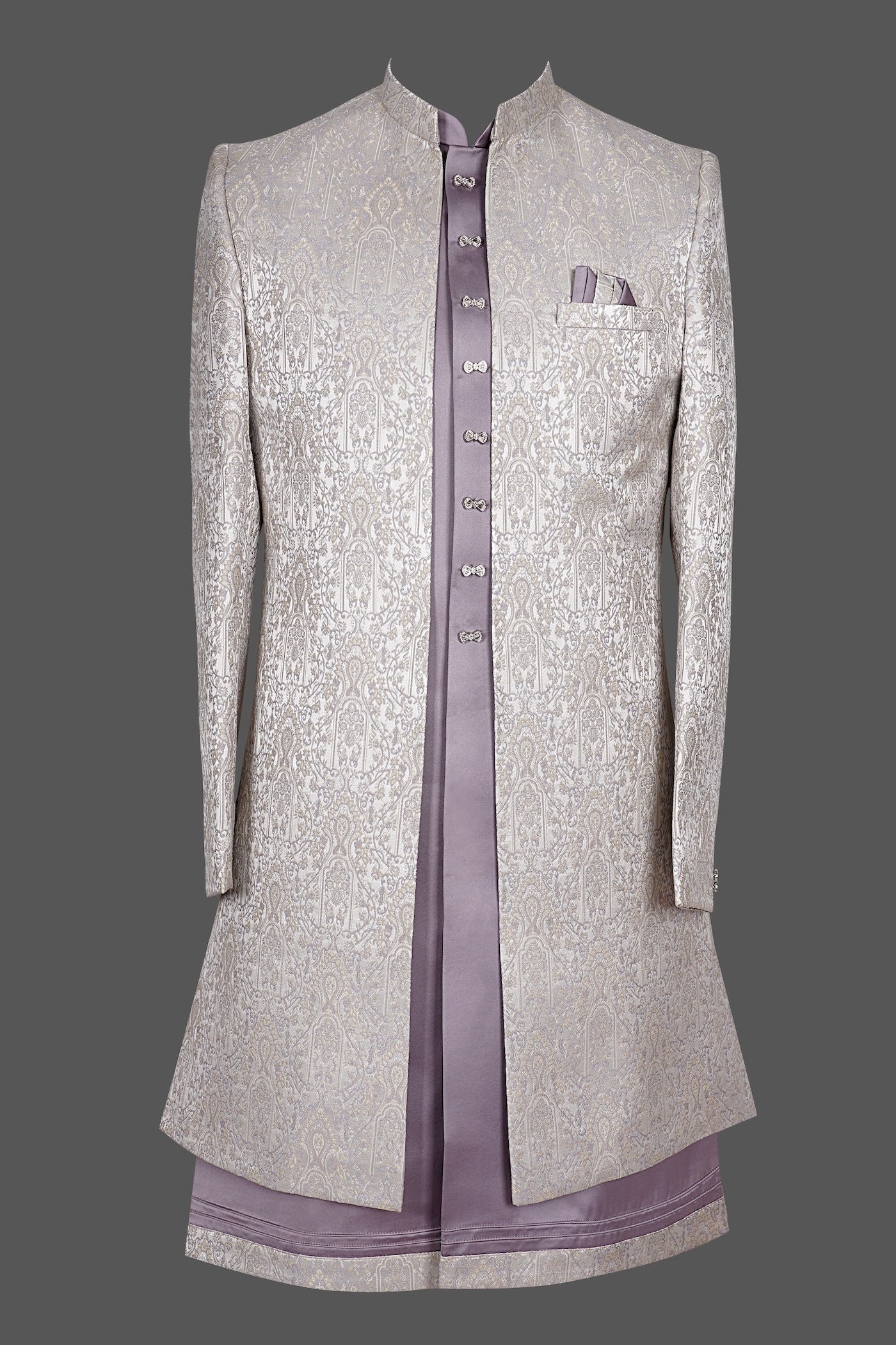 Silver Grey Embroidered Sherwani with Purple Accents for Men | Premium Indian Wedding Sherwani Set