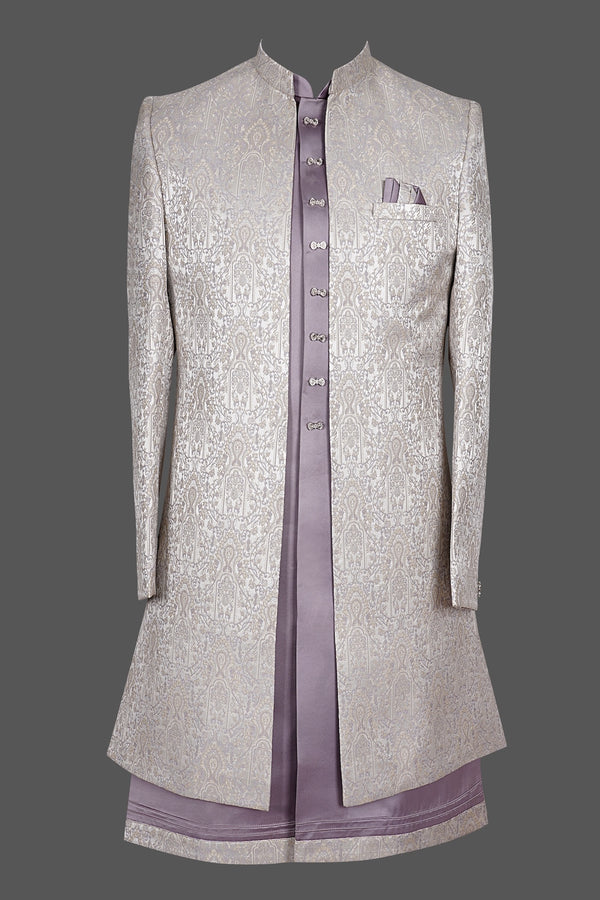 Silver Grey Embroidered Sherwani with Purple Accents for Men | Premium Asian Wedding Sherwani Set
