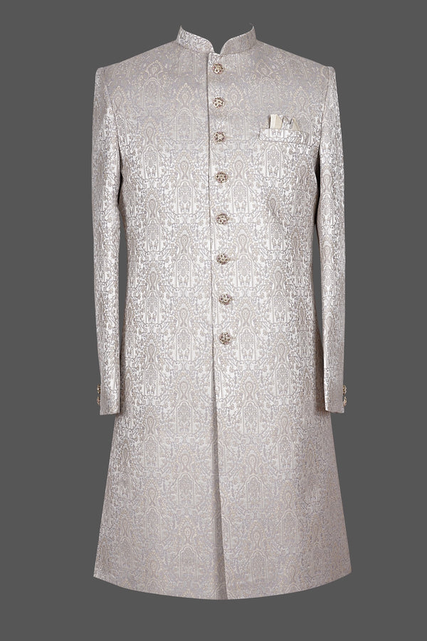 Silver White Brocade Sherwani for Men | Premium Asian Wedding Groom Sherwani