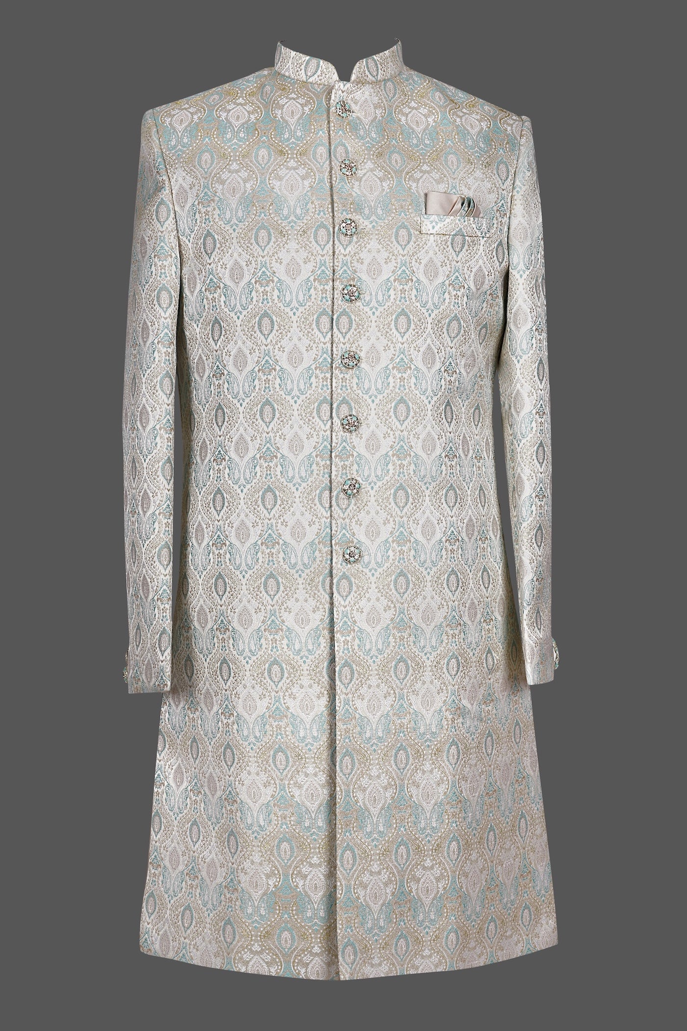 Silver Blue Paisley Brocade Sherwani for Men | Premium Indian Wedding Groom Sherwani