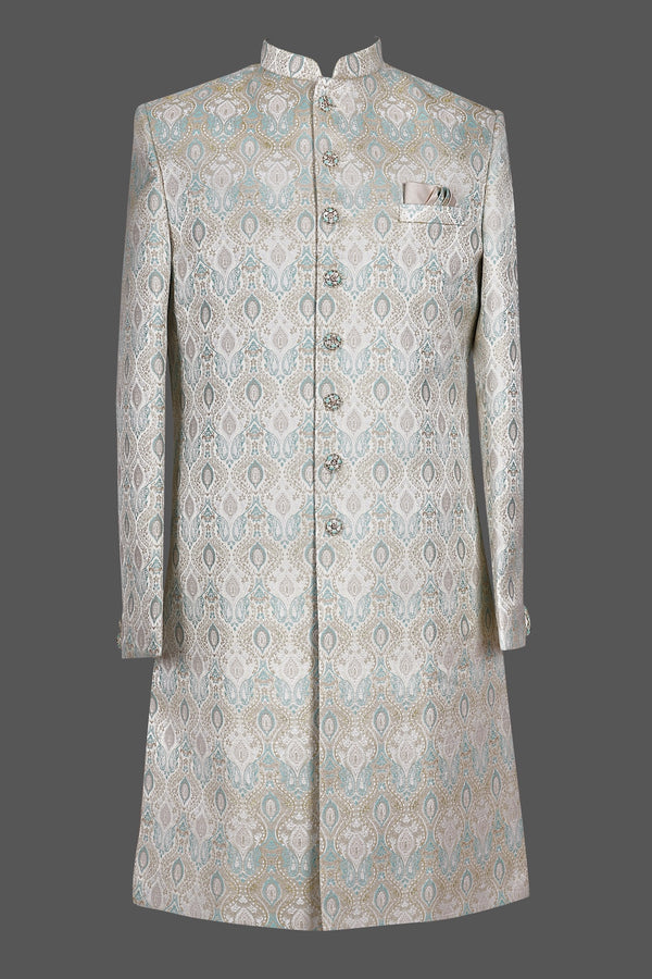 Silver Blue Paisley Brocade Sherwani for Men | Premium Asian Wedding Groom Sherwani