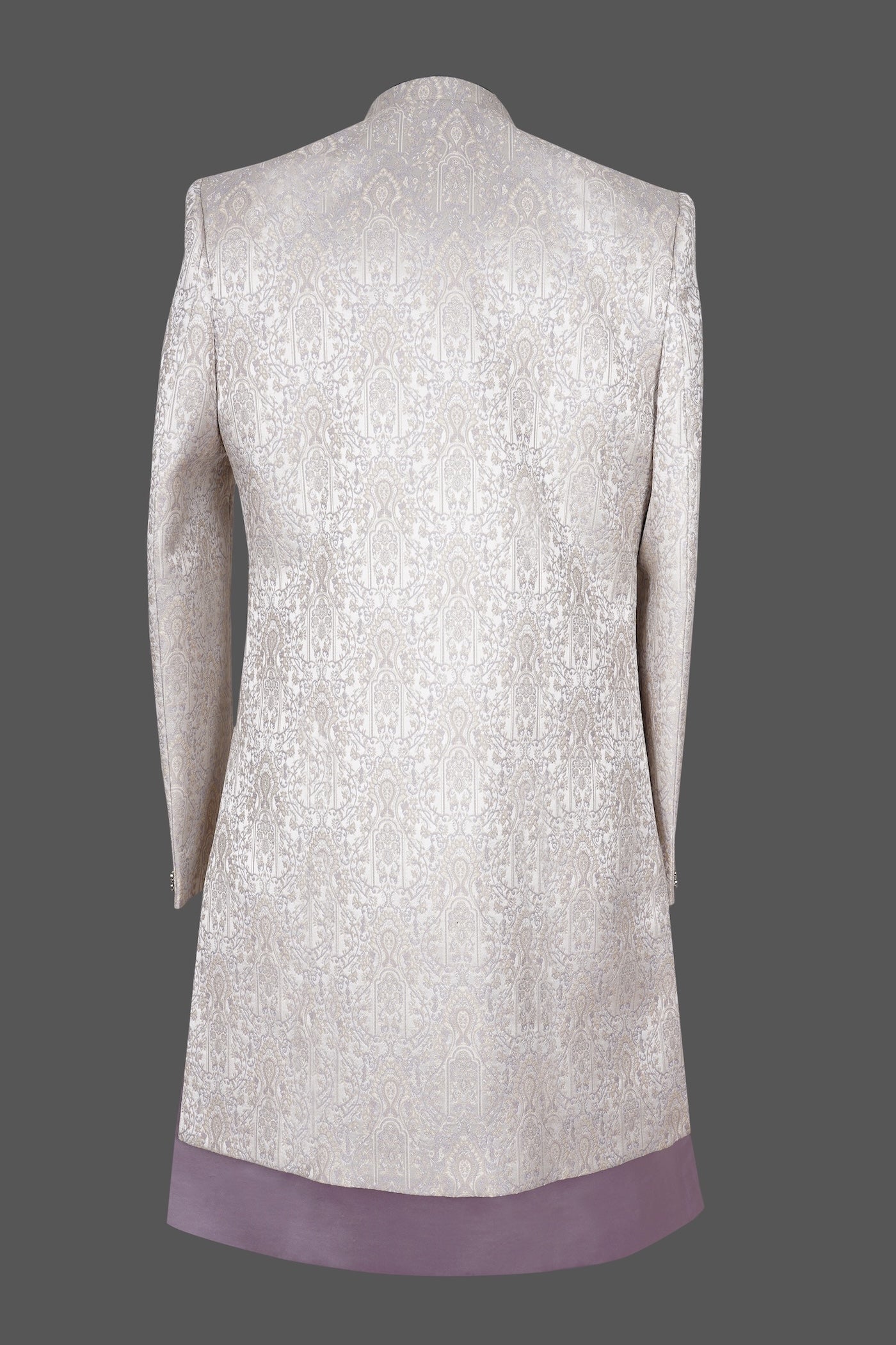 Silver Grey Embroidered Sherwani with Purple Accents for Men | Premium Indian Wedding Sherwani Set