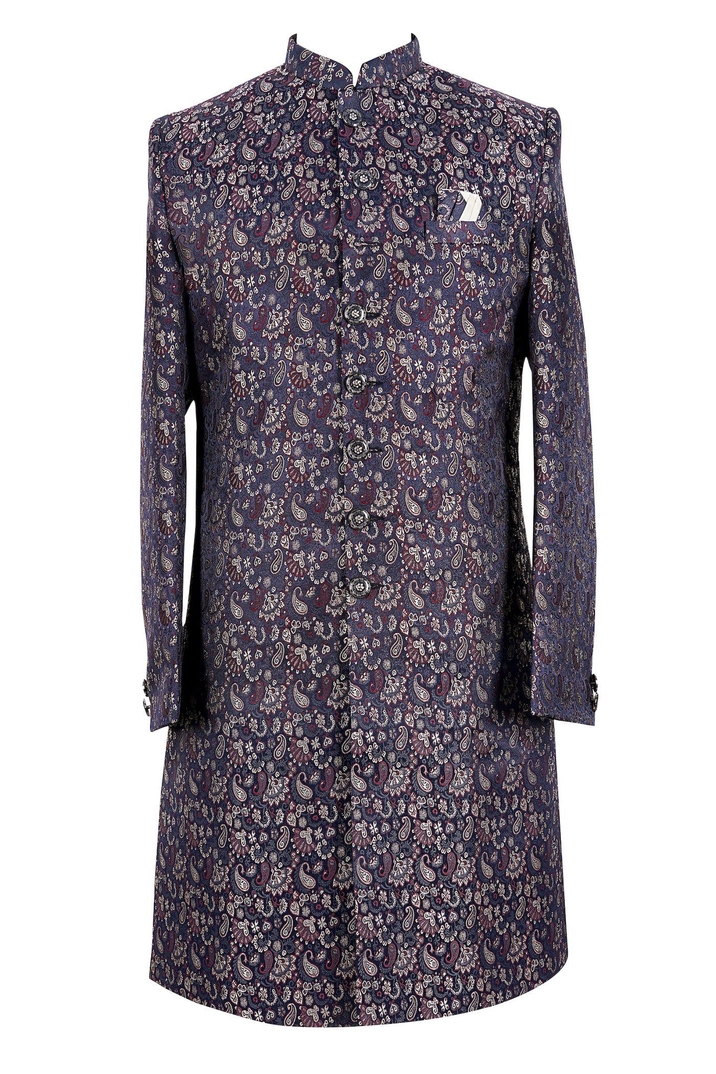 Men’s Navy Blue Paisley Jacquard Sherwani – Designer Wedding & Festive Wear Indo-Western Long Coat