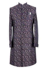 Men’s Navy Blue Paisley Jacquard Sherwani – Designer Wedding & Festive Wear Indo-Western Long Coat
