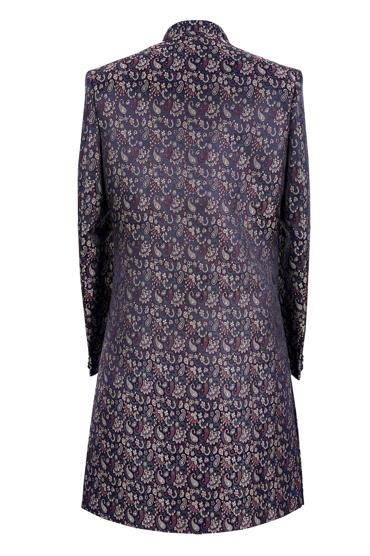 Men’s Navy Blue Paisley Jacquard Sherwani – Designer Wedding & Festive Wear Indo-Western Long Coat