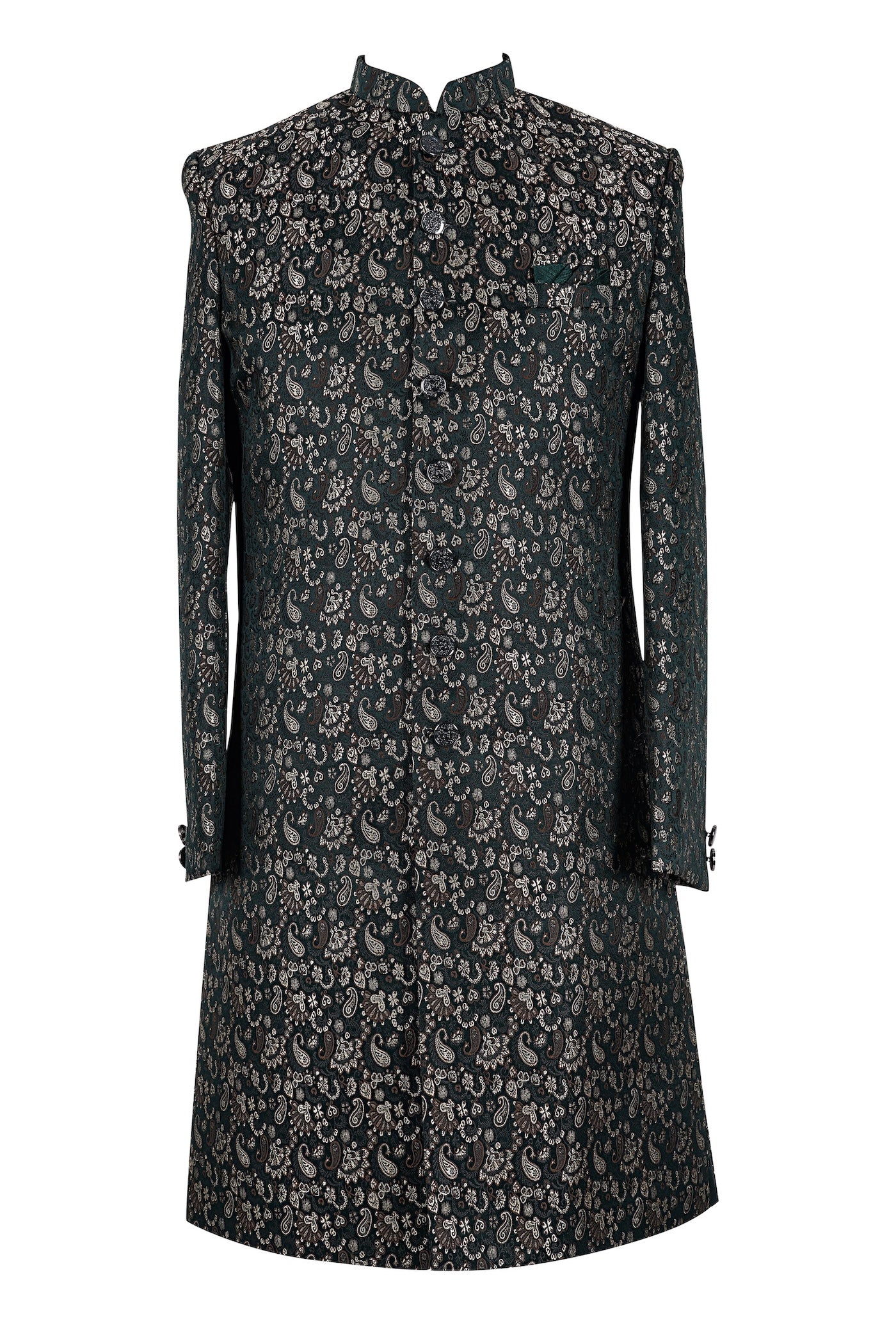 Men’s Dark Green Paisley Sherwani – Premium Jacquard Wedding & Festive Indo-Western Coat