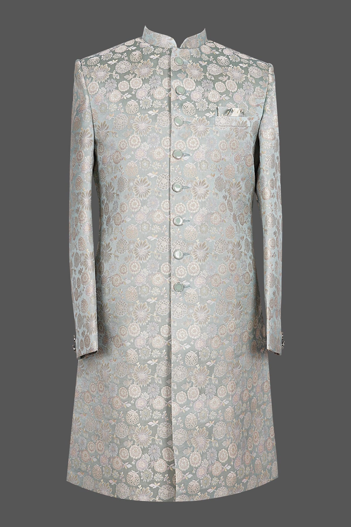 Men’s Mint Green Floral Sherwani – Luxury Jacquard Wedding & Reception Indo-Western Outfit