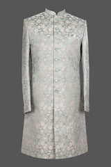 Men’s Mint Green Floral Sherwani – Luxury Jacquard Wedding & Reception Indo-Western Outfit