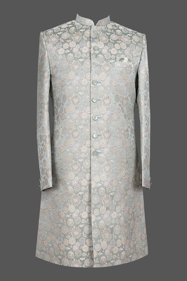Men’s Mint Green Floral Sherwani – Luxury Jacquard Wedding & Reception Indo-Western Outfit
