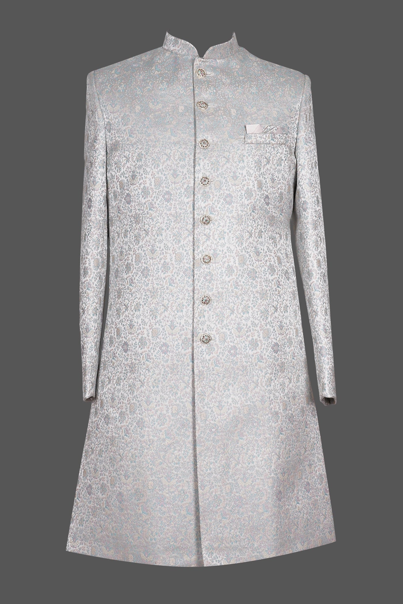 Men’s Mint Green Brocade Sherwani – Designer Floral Jacquard Wedding & Festive Wear