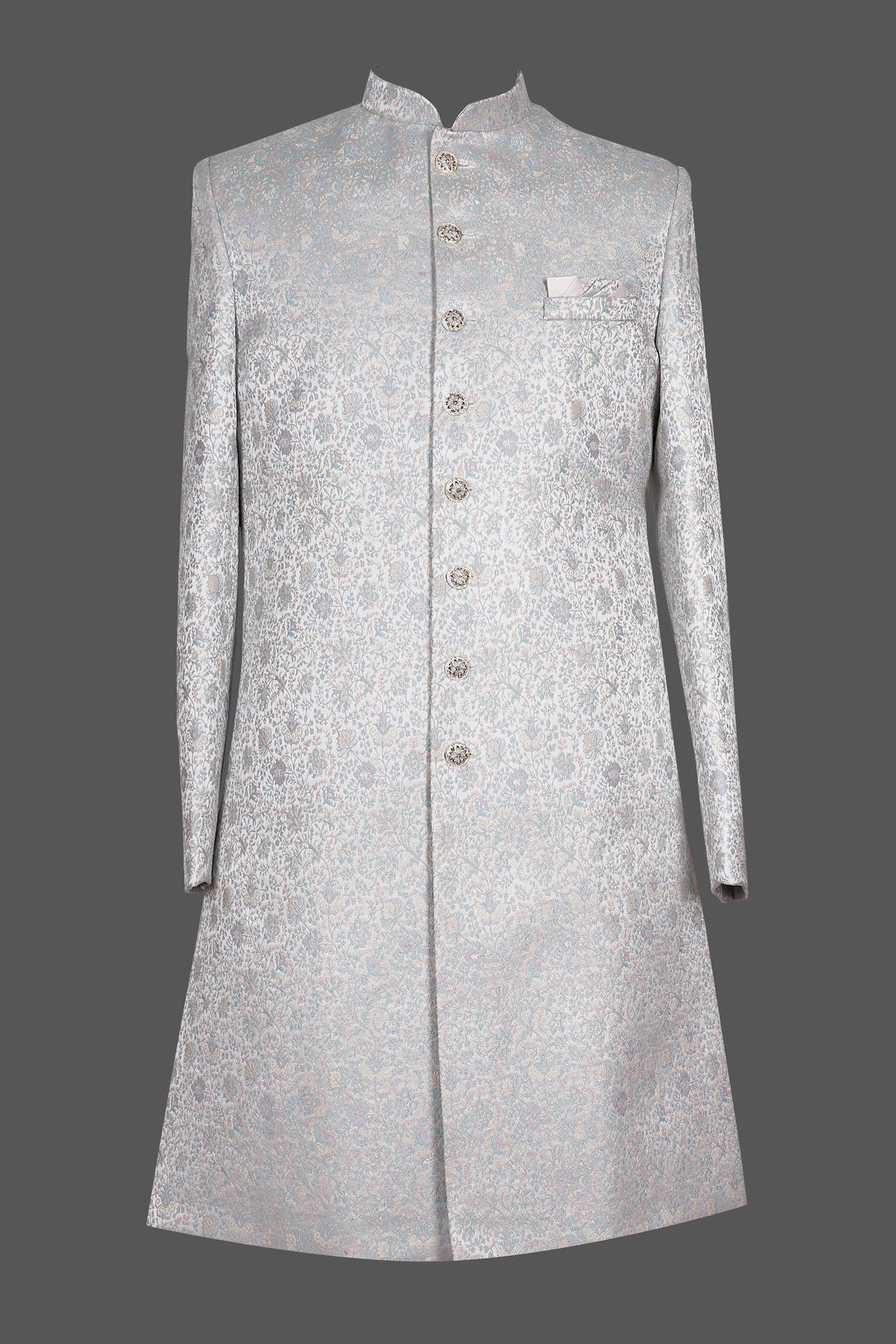 Men’s Mint Green Brocade Sherwani – Designer Floral Jacquard Wedding & Festive Wear