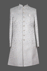Men’s Mint Green Brocade Sherwani – Designer Floral Jacquard Wedding & Festive Wear