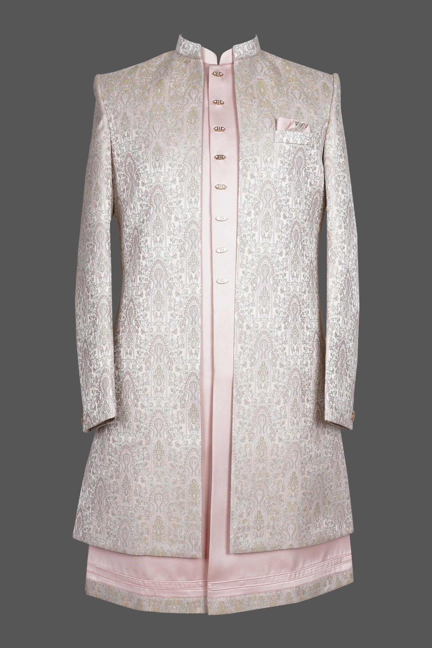 Elegant Blush Pink & Ivory Brocade Sherwani for Groom – Designer Wedding & Reception Outfit for Men