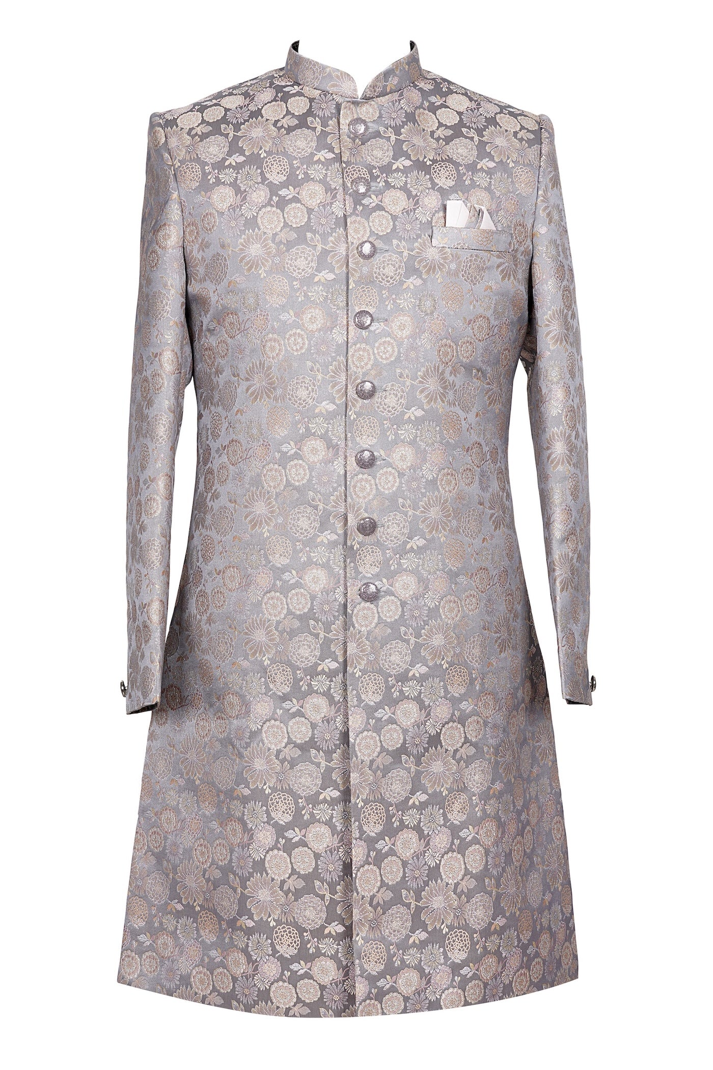 Luxury Grey Floral Jacquard Sherwani for Men – Designer Wedding & Reception Wear