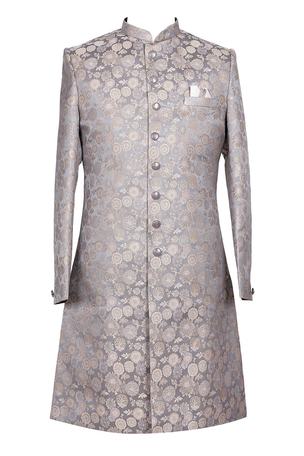 Luxury Grey Floral Jacquard Sherwani for Men – Designer Wedding & Reception Wear