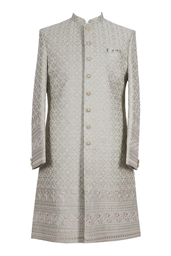 Light Grey Jaali Embroidered Sherwani for Men Wedding