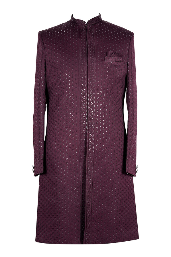 Wine Red Sequin Embroidered Sherwani for Men Wedding
