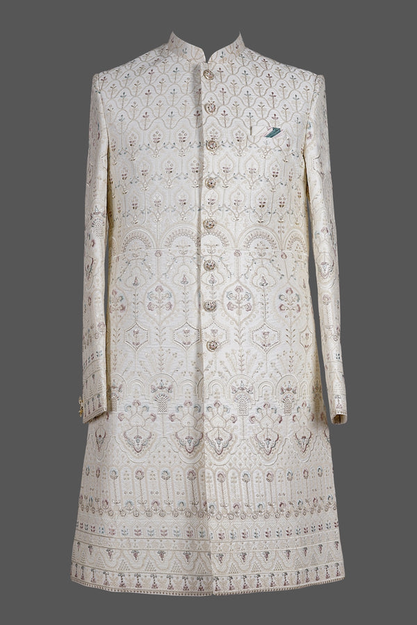 Ivory Floral Zari Embroidered Sherwani for Groom Wedding