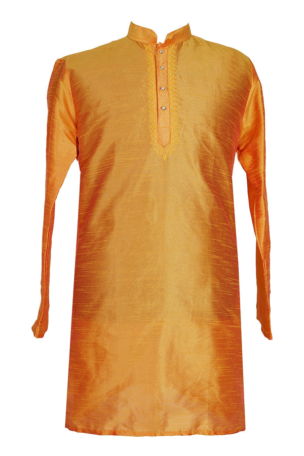 Golden Orange Silk Kurta with Embroidery for Men