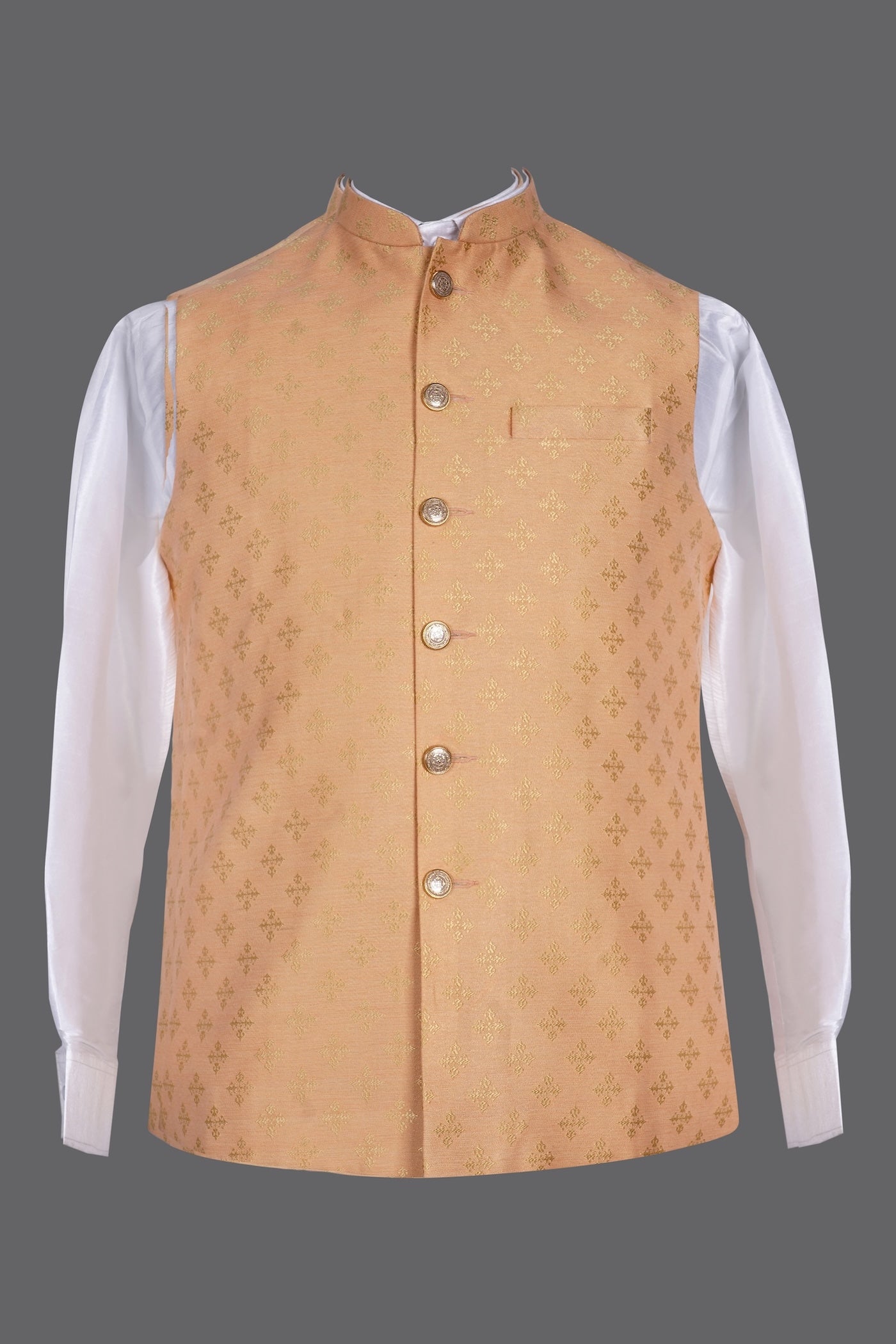 Peach Gold Brocade Nehru Jacket for Men | Festive Modi Waistcoat