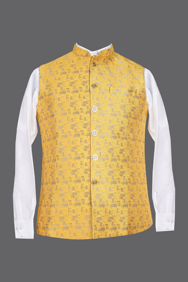 Yellow Gold Brocade Nehru Jacket for Men | Festive Modi Waistcoat