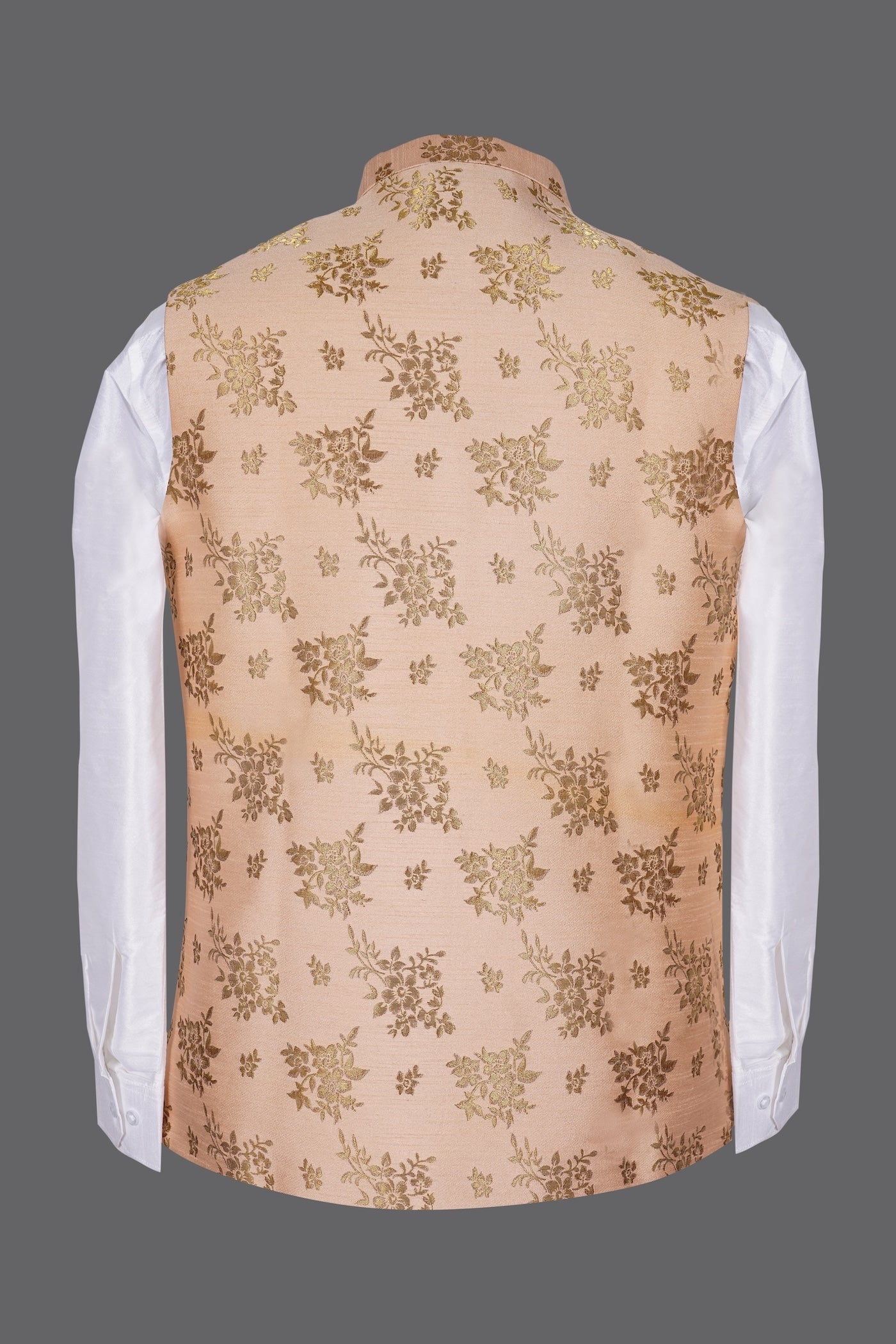 Peach Gold Floral Brocade Nehru Jacket for Men | Wedding Modi Waistcoat