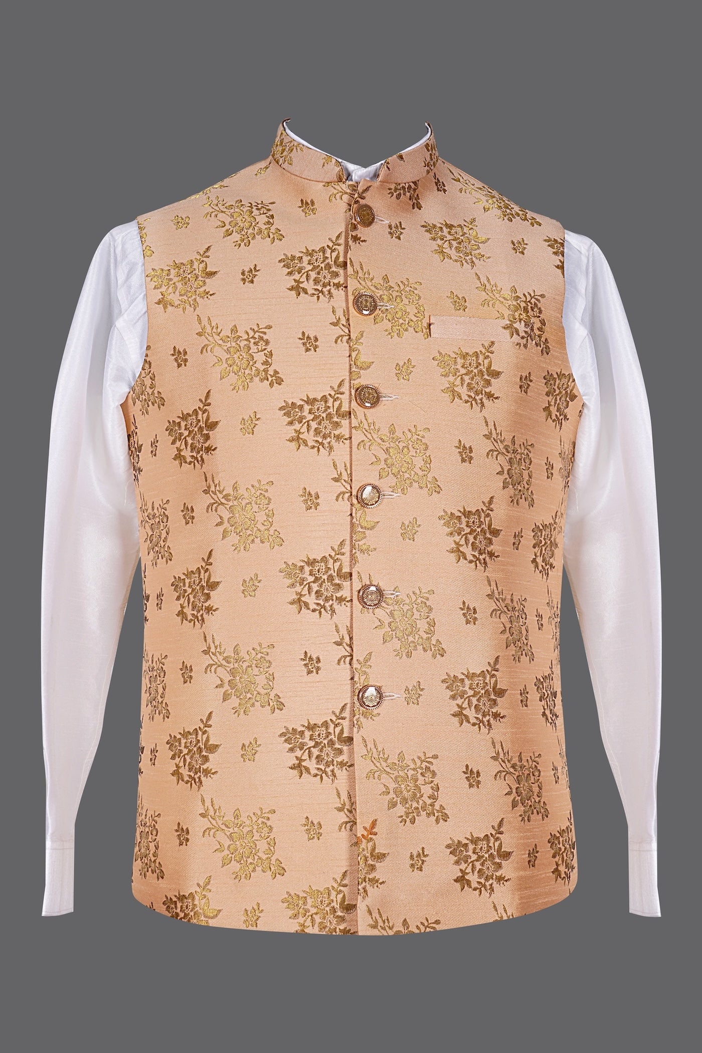 Peach Gold Floral Brocade Nehru Jacket for Men | Wedding Modi Waistcoat