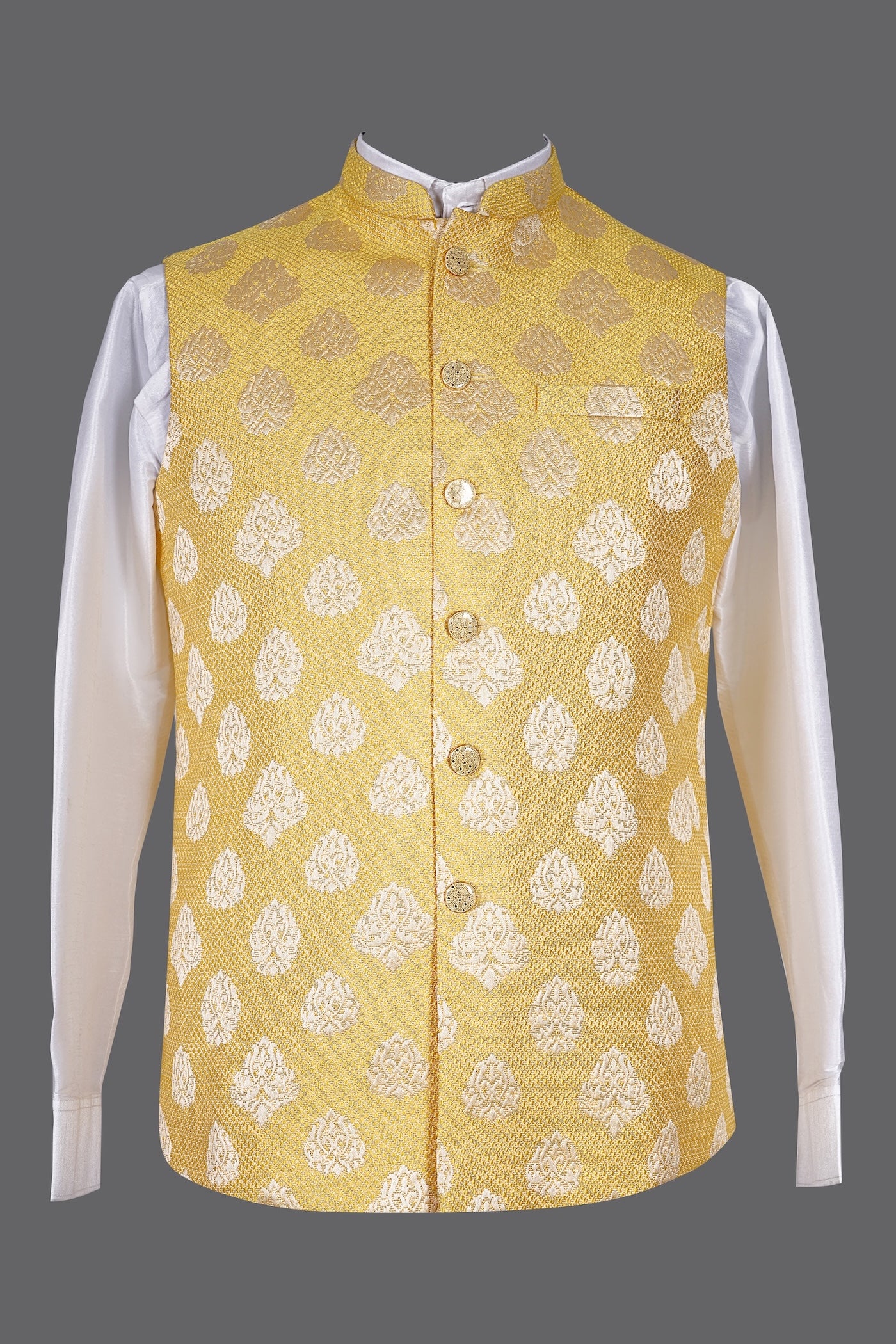 Yellow Gold Brocade Nehru Jacket for Men | Wedding Modi Waistcoat