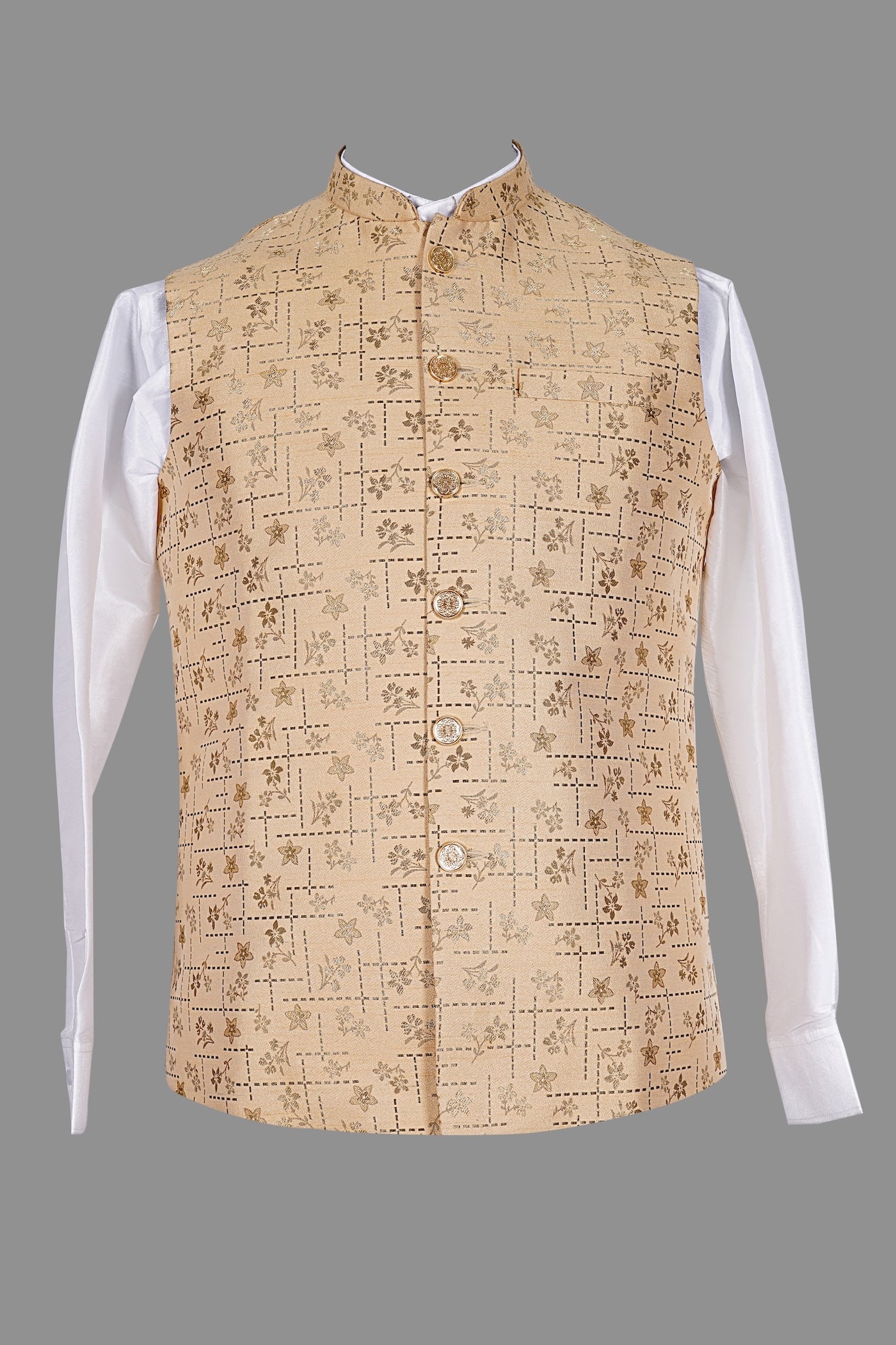 Beige Gold Floral Brocade Nehru Jacket for Men | Wedding Modi Waistcoat