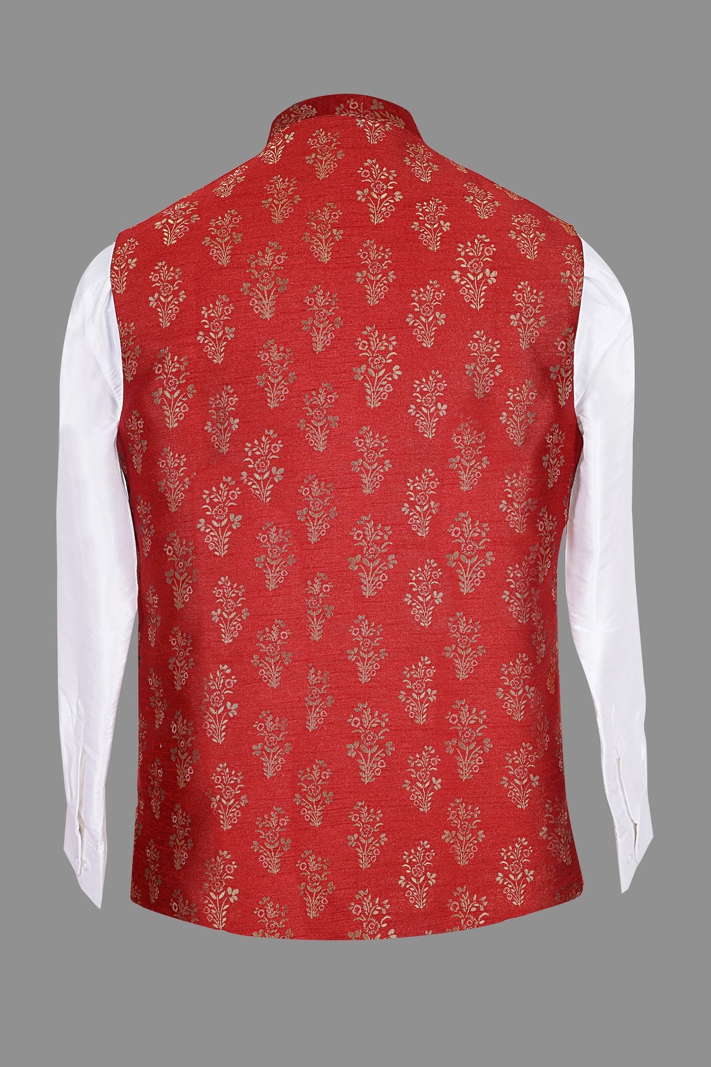Red Gold Floral Brocade Nehru Jacket for Men | Wedding Modi Waistcoat