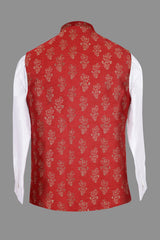 Red Gold Floral Brocade Nehru Jacket for Men | Wedding Modi Waistcoat
