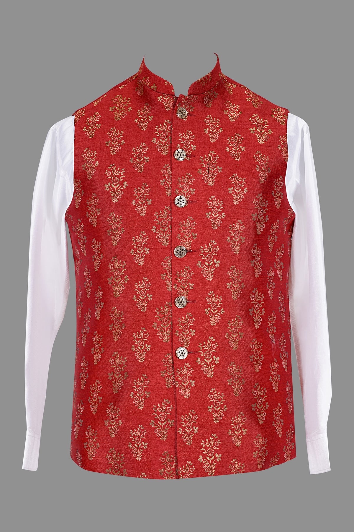 Red Gold Floral Brocade Nehru Jacket for Men | Wedding Modi Waistcoat