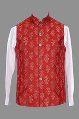 Red Gold Floral Brocade Nehru Jacket for Men | Wedding Modi Waistcoat