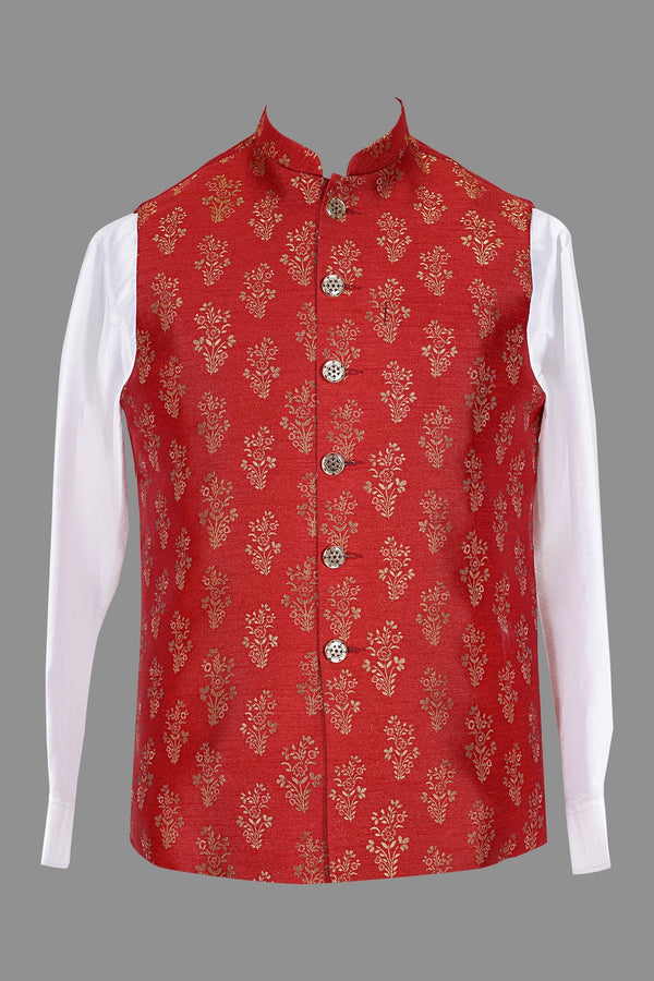 Red Gold Floral Brocade Nehru Jacket for Men | Wedding Modi Waistcoat
